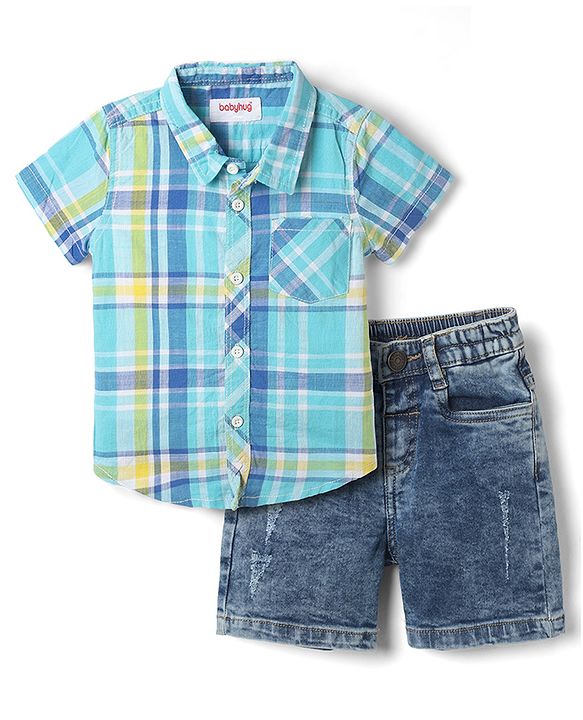 Babyhug Cotton Woven Half Sleeves Checked Shirt and Shorts Set - Blue