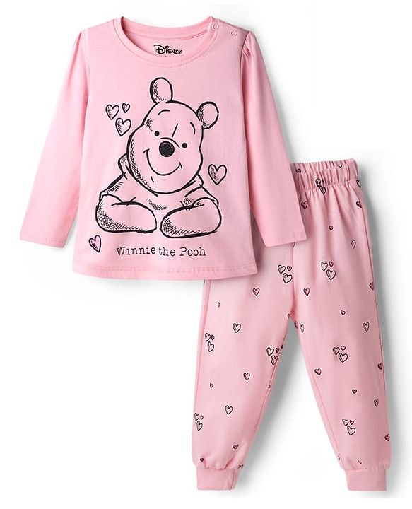 Babyhug Disney 100% Cotton Knit Full Sleeves T-Shirt & Pyjama Night Suit With Winnie The Pooh Graphic - Light Pink