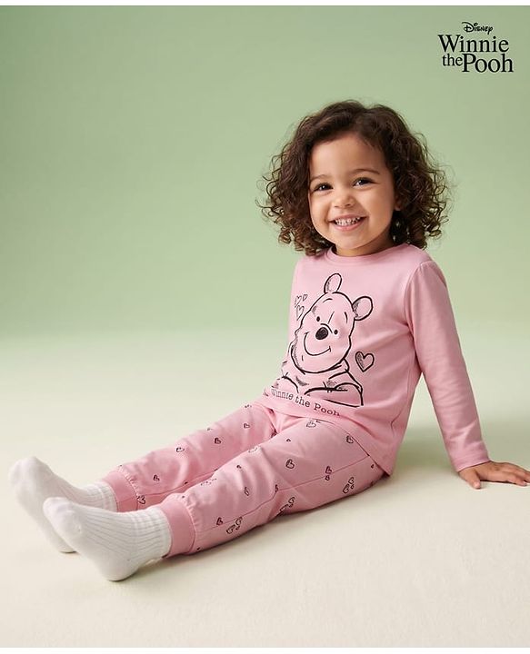 Babyhug Disney 100% Cotton Knit Full Sleeves T-Shirt & Pyjama Night Suit With Winnie The Pooh Graphic - Light Pink