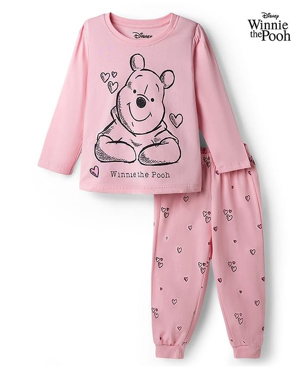 Babyhug Disney 100% Cotton Knit Full Sleeves T-Shirt & Pyjama Night Suit With Winnie The Pooh Graphic - Light Pink