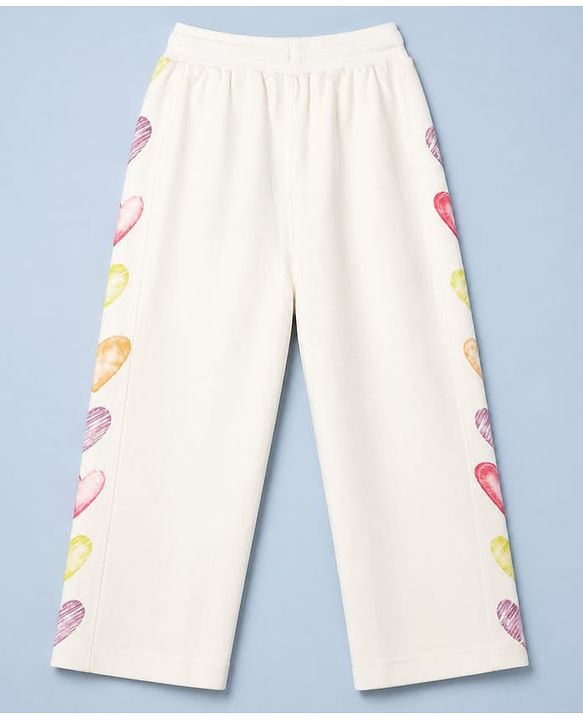 Pine Kids Cotton Blend Knit Full Length Track Pant with Hearts Print in Offwhite