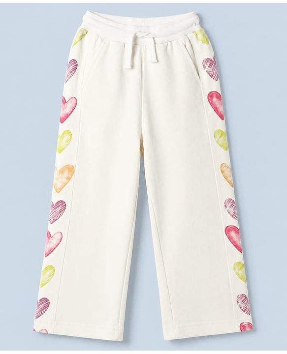 Pine Kids Cotton Blend Knit Full Length Track Pant with Hearts Print in Offwhite