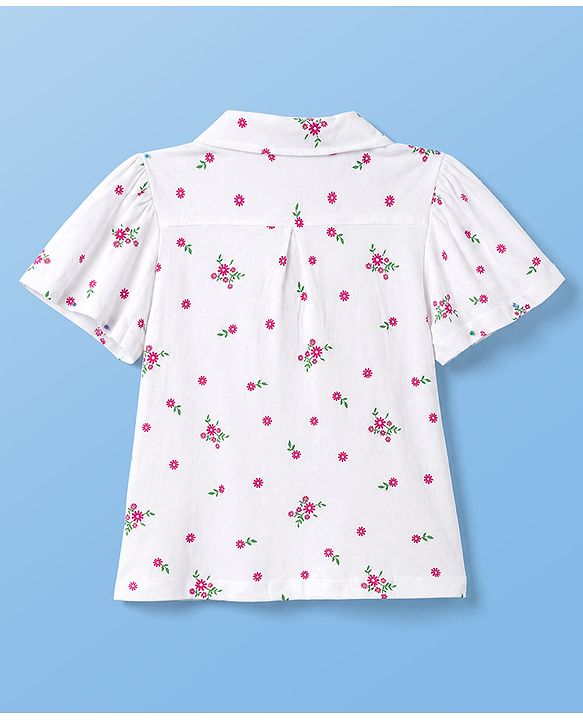 Pine Kids 100% Cotton Knit Top with Half Sleeves and Floral Print in White