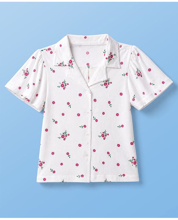 Pine Kids 100% Cotton Knit Top with Half Sleeves and Floral Print in White