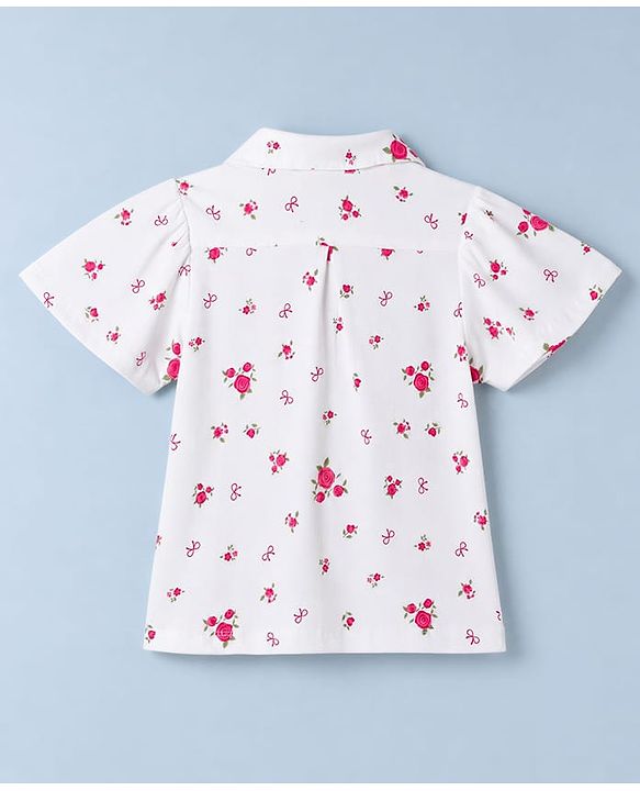 Pine Kids Cotton Knit Half Sleeves Woven Top with Floral & Bow Print - White