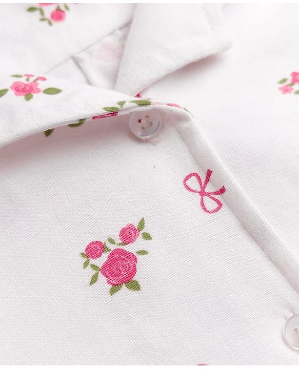 Pine Kids Cotton Knit Half Sleeves Woven Top with Floral & Bow Print - White