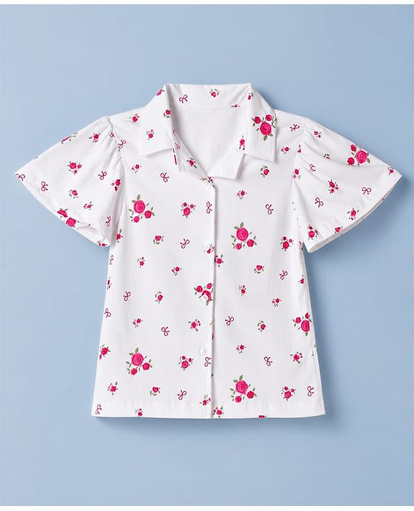 Pine Kids Cotton Knit Half Sleeves Woven Top with Floral & Bow Print - White