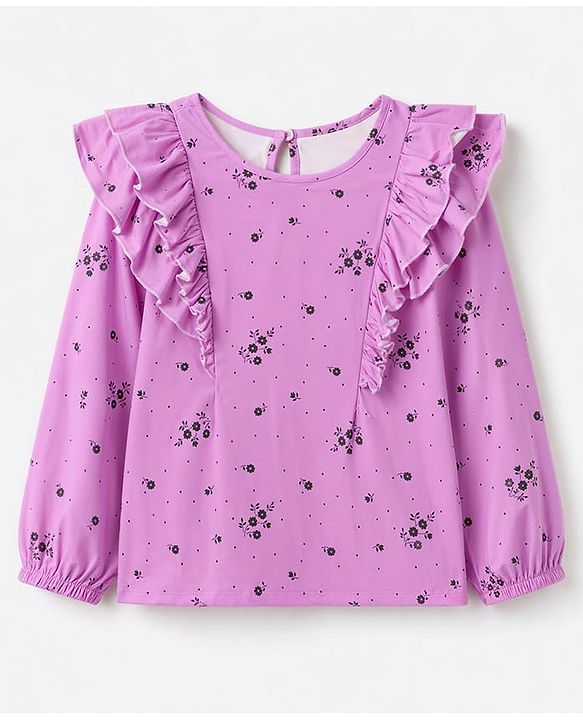 Pine Kids Cotton Knit Full Sleeves Top with Frill Detailing and Floral Print - Fuchsia
