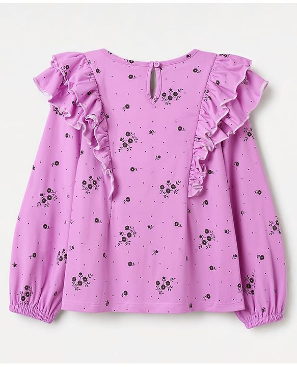 Pine Kids Cotton Knit Full Sleeves Top with Frill Detailing and Floral Print - Fuchsia
