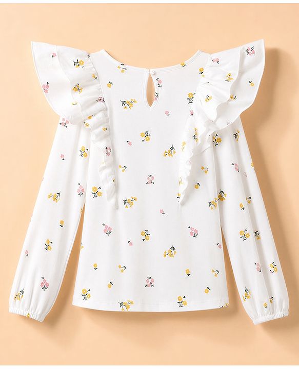 Pine Kids Cotton Knit Tops with Full Sleeves and Floral Print in White