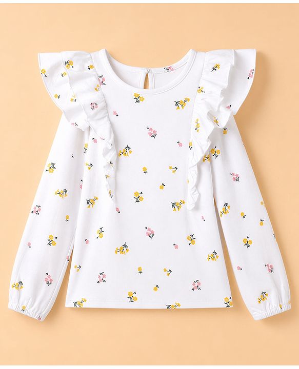 Pine Kids Cotton Knit Tops with Full Sleeves and Floral Print in White