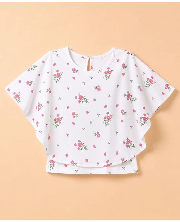 Pine Kids Cotton Knit Top with Flutter Sleeves and Floral Print - White