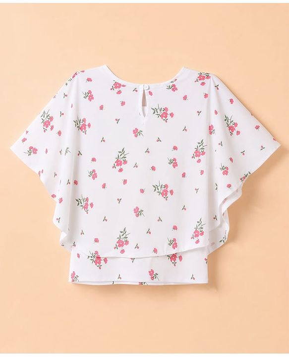 Pine Kids Cotton Knit Top with Flutter Sleeves and Floral Print - White