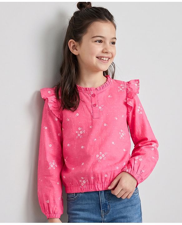 Pine Kids 100% Cotton Knit Top with Full Sleeves and Floral Print - Dark Pink