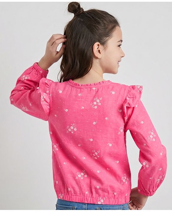 Pine Kids 100% Cotton Knit Top with Full Sleeves and Floral Print - Dark Pink