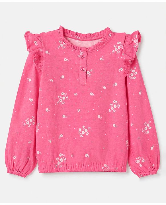 Pine Kids 100% Cotton Knit Top with Full Sleeves and Floral Print - Dark Pink