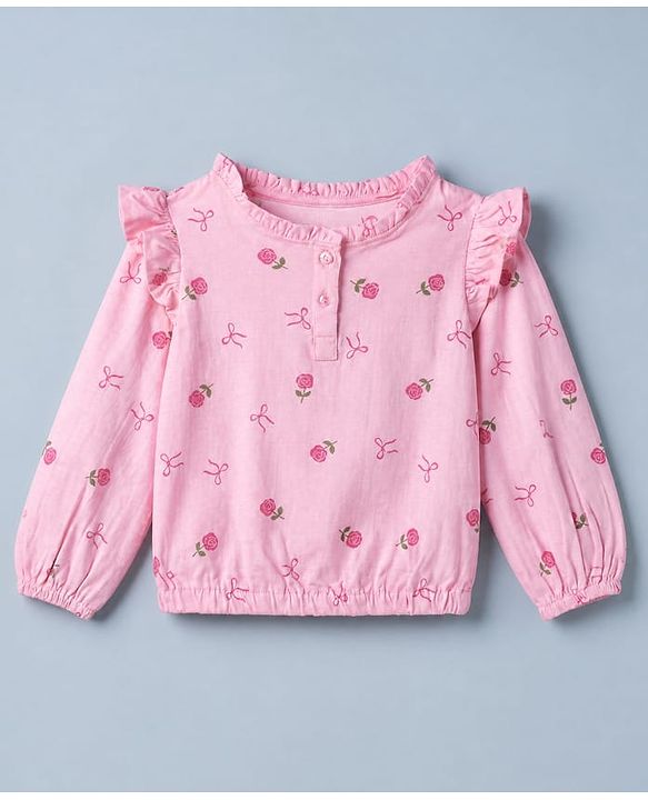 Pine Kids 100% Cotton Knit Full Sleeves Top with Frill Detailing and Rose Print in Pink