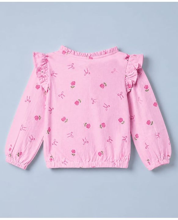 Pine Kids 100% Cotton Knit Full Sleeves Top with Frill Detailing and Rose Print in Pink
