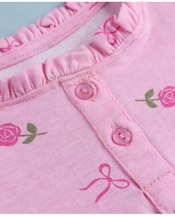 Pine Kids 100% Cotton Knit Full Sleeves Top with Frill Detailing and Rose Print in Pink