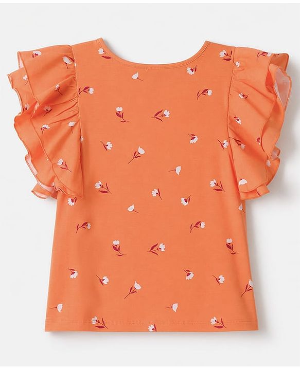 Pine Kids Cotton Knit Half Sleeves Top with Floral Print - Coral