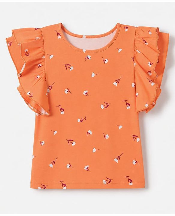 Pine Kids Cotton Knit Half Sleeves Top with Floral Print - Coral