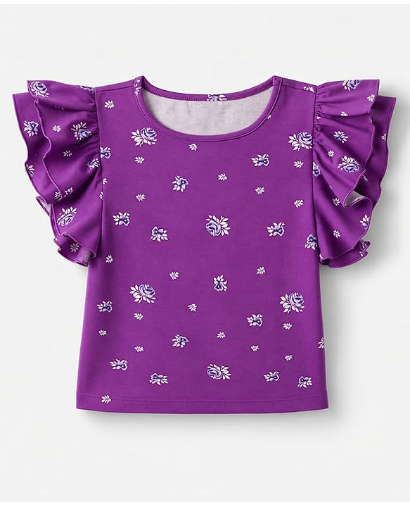 Pine Kids Cotton Knit Half  Sleeves Top with Floral Print - Purple