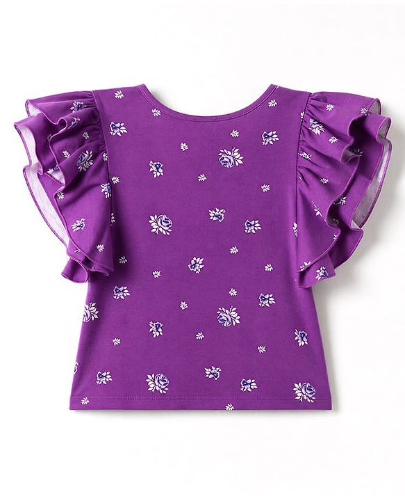 Pine Kids Cotton Knit Half  Sleeves Top with Floral Print - Purple