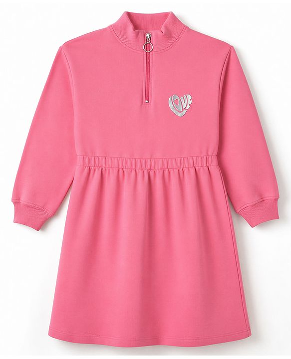Pine Kids Cotton Knit Winter Dress with Full Sleeves and Love Print - Pink