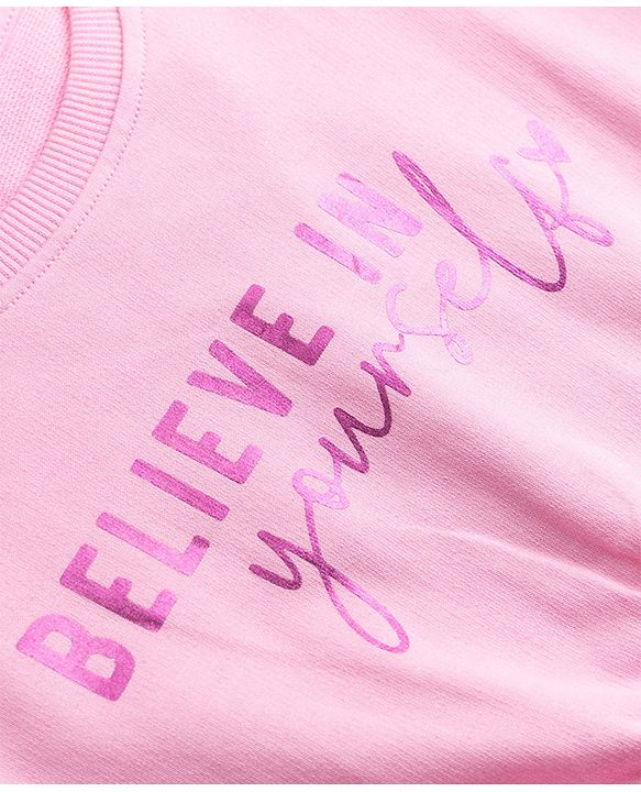 Pine Kids Cotton Knit Winter Frock with Full Sleeves and Believe In Yourself Print in Pink for 4-5 Years