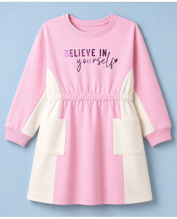 Pine Kids Cotton Knit Winter Frock with Full Sleeves and Believe In Yourself Print in Pink for 4-5 Years