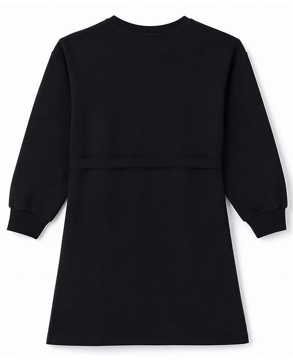 Pine Kids Cotton Knit Full Sleeves  Sweatshirt Winter Frock with Text Glitter Print & Belt - Black
