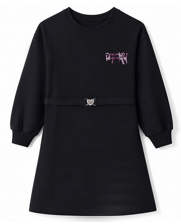 Pine Kids Cotton Knit Full Sleeves  Sweatshirt Winter Frock with Text Glitter Print & Belt - Black