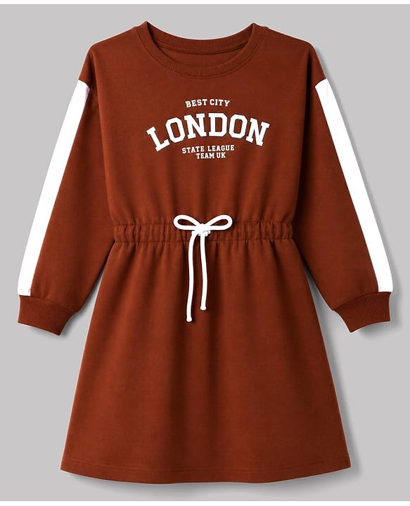 Pine Kids Cotton Knit Full Sleeves Sweatshirt Winter Frock with Text Print -Brown