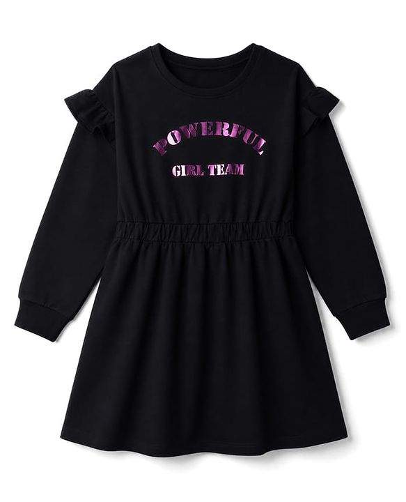 Pine Kids 100% Cotton Knit Full Sleeves Powerful Girl Team Printed Winter Frock - Black