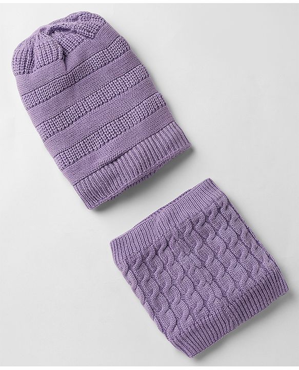 Pine Kids Knit Woollen Caps and Sets With Cable Knit Design in Lilac - Diameter 15 cm