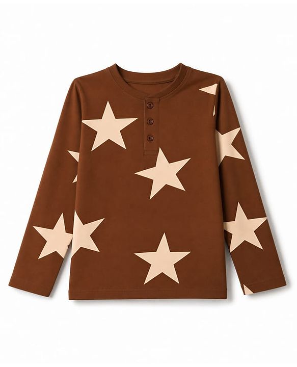 Pine Kids Cotton Knit Full Sleeves T-Shirt & Pyjama Co-ords Night Suit With Star Print - Brown