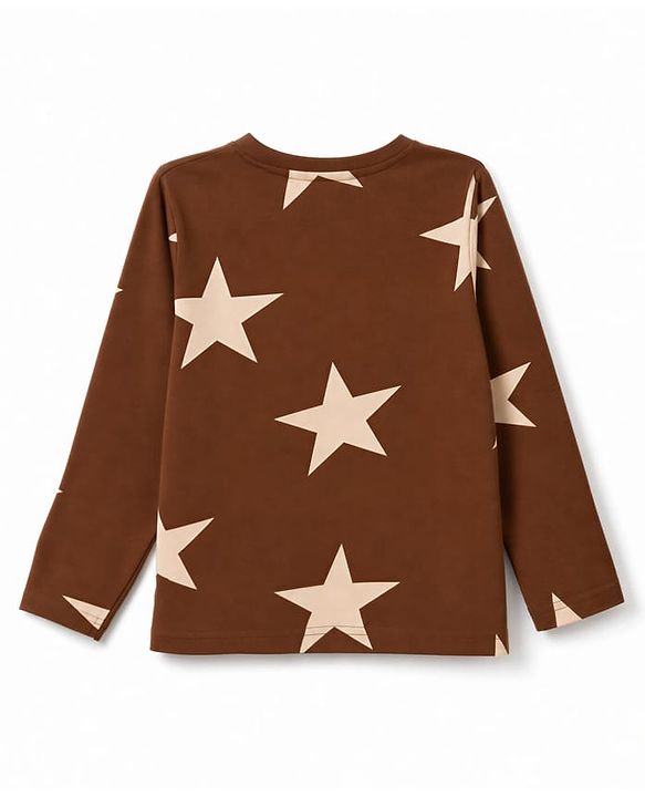 Pine Kids Cotton Knit Full Sleeves T-Shirt & Pyjama Co-ords Night Suit With Star Print - Brown