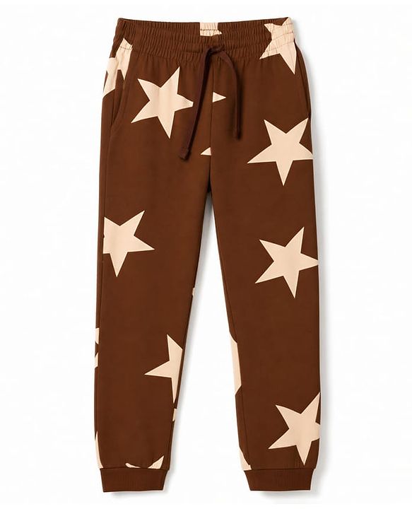 Pine Kids Cotton Knit Full Sleeves T-Shirt & Pyjama Co-ords Night Suit With Star Print - Brown
