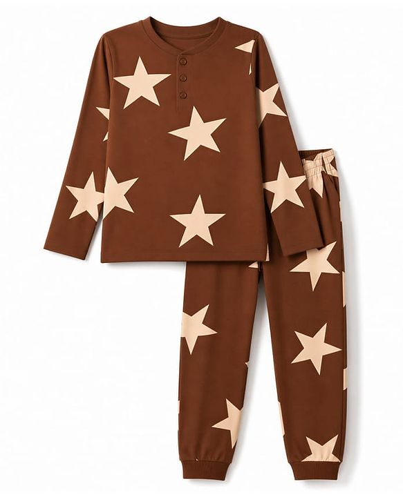Pine Kids Cotton Knit Full Sleeves T-Shirt & Pyjama Co-ords Night Suit With Star Print - Brown