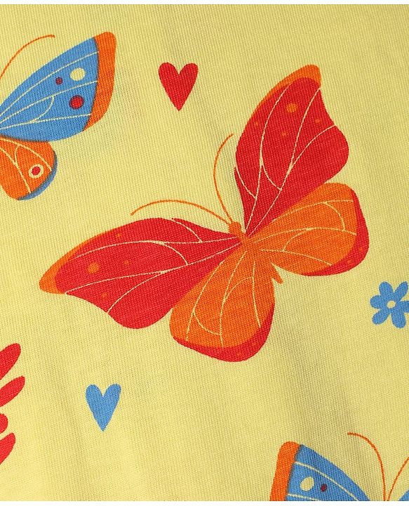 Pine Kids Cotton Knit Half Sleeves Top & Pyjama Co-ords Night Suit With Butterfly Print - Light Yellow