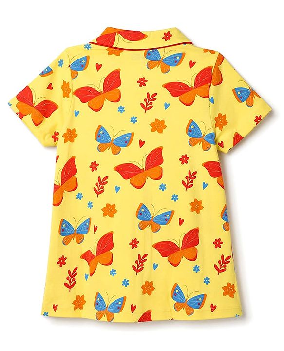 Pine Kids Cotton Knit Half Sleeves Top & Pyjama Co-ords Night Suit With Butterfly Print - Light Yellow