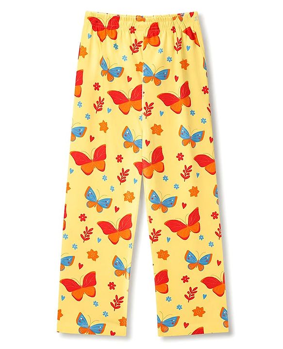Pine Kids Cotton Knit Half Sleeves Top & Pyjama Co-ords Night Suit With Butterfly Print - Light Yellow