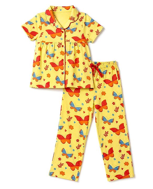 Pine Kids Cotton Knit Half Sleeves Top & Pyjama Co-ords Night Suit With Butterfly Print - Light Yellow
