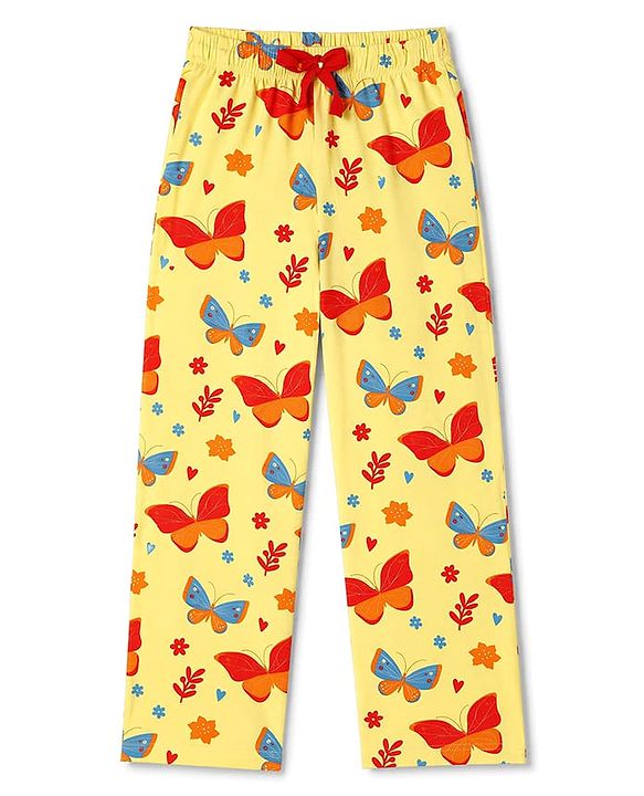 Pine Kids Cotton Knit Half Sleeves Top & Pyjama Co-ords Night Suit With Butterfly Print - Light Yellow
