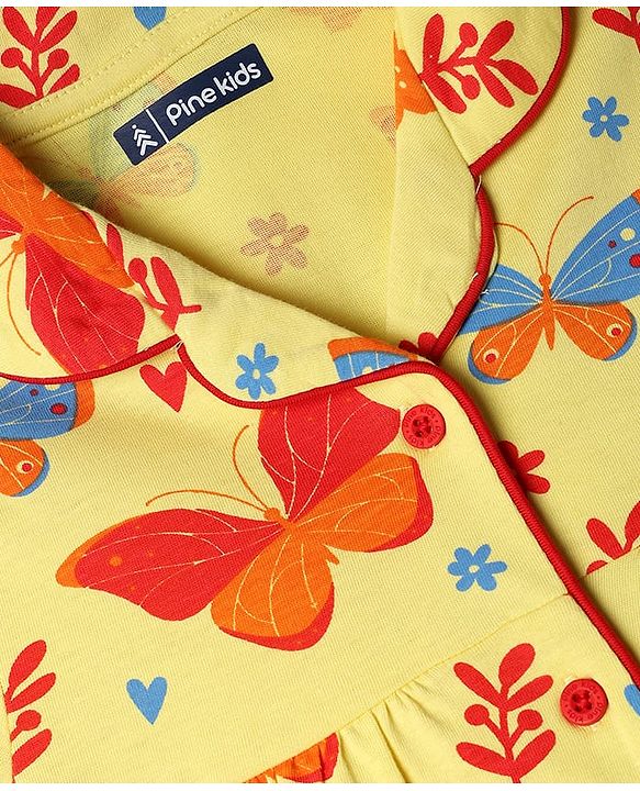 Pine Kids Cotton Knit Half Sleeves Top & Pyjama Co-ords Night Suit With Butterfly Print - Light Yellow