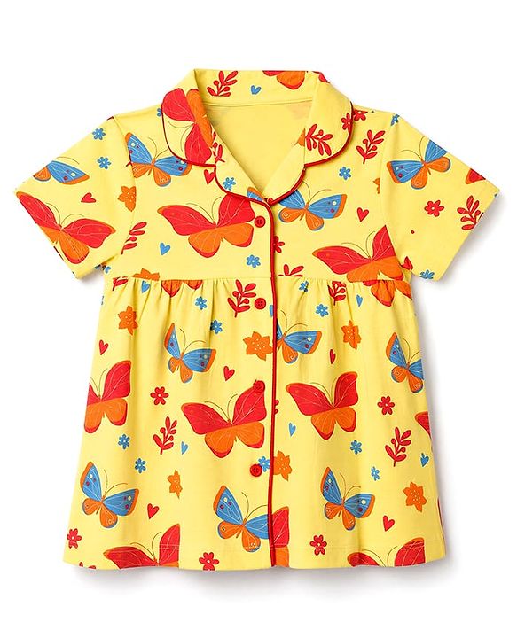 Pine Kids Cotton Knit Half Sleeves Top & Pyjama Co-ords Night Suit With Butterfly Print - Light Yellow
