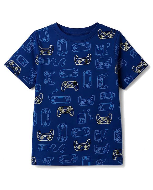 Pine Kids Cotton Knit Half Sleeves Game Controller & Text Printed T-Shirt & Pajama Night Suit - Navy