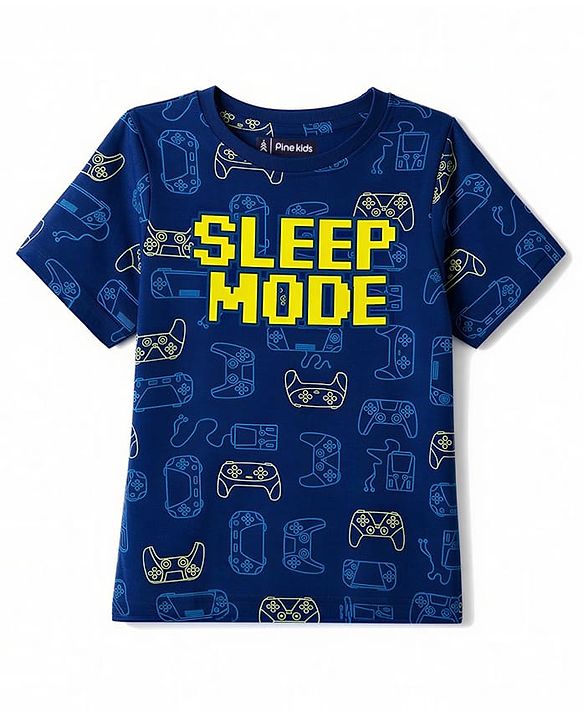 Pine Kids Cotton Knit Half Sleeves Game Controller & Text Printed T-Shirt & Pajama Night Suit - Navy