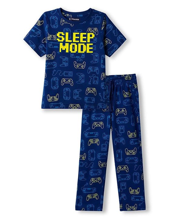 Pine Kids Cotton Knit Half Sleeves Game Controller & Text Printed T-Shirt & Pajama Night Suit - Navy