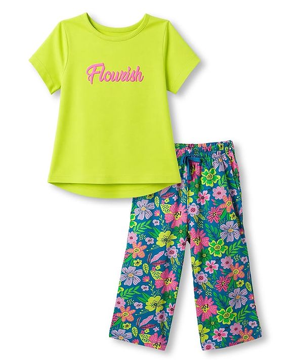 Pine Kids Cotton Knit Half Sleeves Floral Printed T-Shirt & Capri Night Suit - Lemon